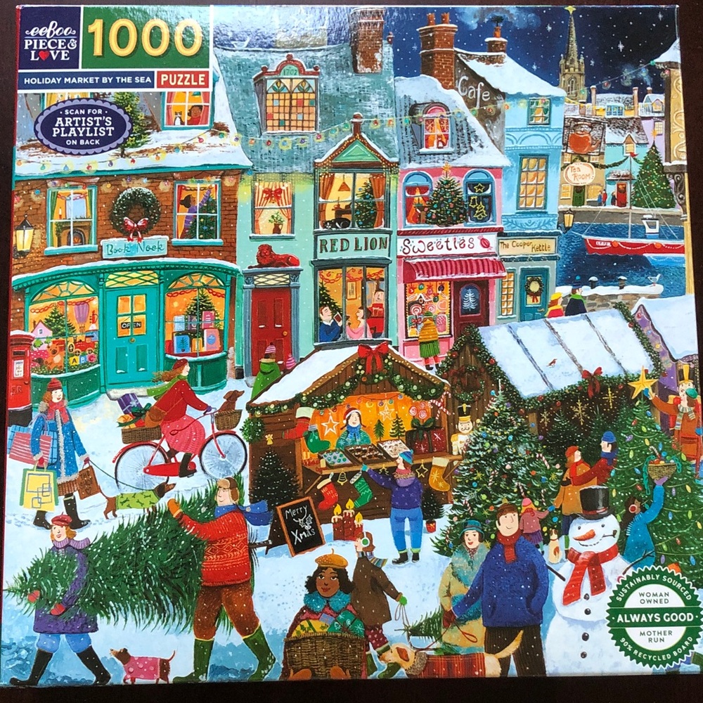 EeBoo Holiday Market by the Sea 1000 piece puzzle.